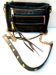 Rebecca Minkoff Umhängetasche schwarz genarbtes Leder Reißverschluss Kette Riemen Fransen - Bild 1 von 12