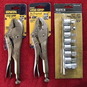 2 Irwin Vise Grip Pliers 10R & 10WR & KLUTCH 8 PC Male Pipe Plug Socket Set SAE - Picture 1 of 7