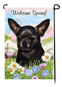 Welcome Spring Garden Flag - Black Shorthair Chihuahua - Picture 1 of 1