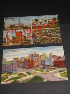 2 Antique CLEVELAND OHIO Postcard Colortone ART Downtown City Klein News Vintage - Picture 1 of 2
