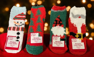 Lot of 4 Fussy / Plush Christmas Socks Holiday Snowman, Trees, Gnome, Santa NEW - Image 1 of 4