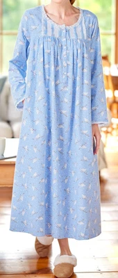 NWT Lanz of Salzburg BLUE COTTON FLANNEL WHITE DOVES BIRDS Nightgown S POCKETS - Image 1 of 4