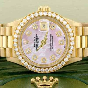 Rolex President Datejust Ladies 26mm Diamond Bezel/Pink MOP Dial Gold Watch - Picture 1 of 9