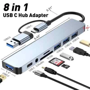 8in1 USB-C Hub Type C To USB TF SD Card 3.5mm Audio Adapter for PC Laptop Tablet - Picture 1 of 12