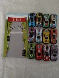 Halloscume TM Set of 12 Mini Metal  Race Car And 12 Finish Line Pop Out Cards - Picture 1 of 5
