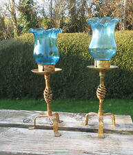 2 Similar Vintage Gold Painted Wrought Iron Candle Holders & Blue Glass Shades