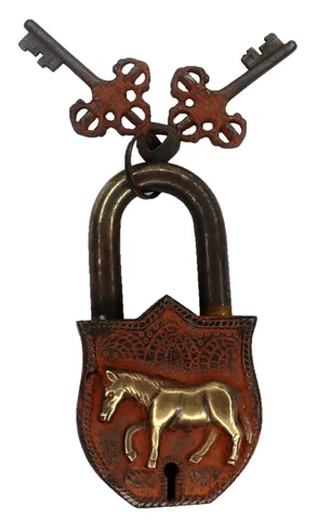 Horse Engraved Victorian Antique Style Handmade Brass Padlock with Unique Keys Cover