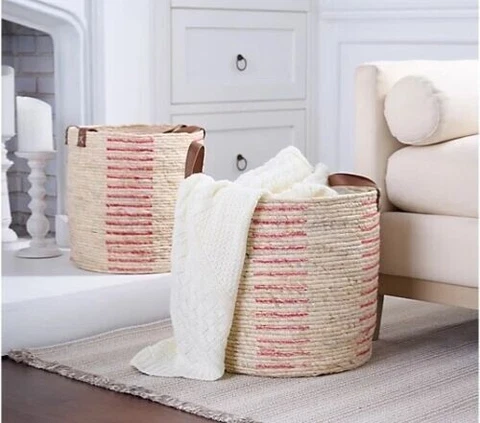 Home Reflections Set of 2 Woven Baskets w Faux Leather Handles Cover