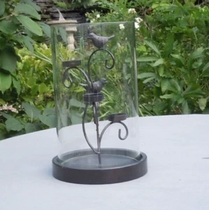 Hurricane 3 Candle Holder 32 cm Glass Shade Black Metal Birds - Picture 1 of 9