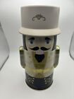 Nutcracker EMPTY Candy Gift Tin Canister Toy Solider Ivory Suit Black Hair 8" 