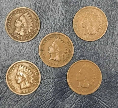 (5) VINTAGE INDIAN HEAD PENNIES FROM THE 1890'S TO THE 1900'S ALL GOOD OR BETTER Cover