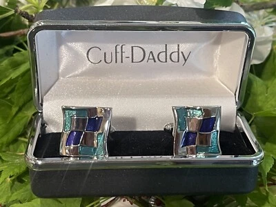 Cuff-Daddy Cufflinks Contemporary Hallucination Blue & Silver Enamel Cubes Boxed - Image 1 of 4