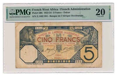 FRENCH WEST AFRICA banknote 5 Francs 1922 Dakar PMG VF 20 - Image 1 of 4