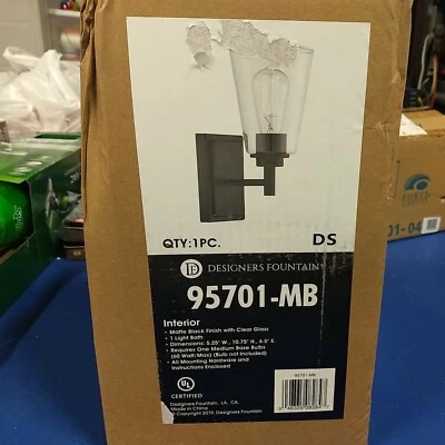 Designers Fountain Westin 1 Light Wall Sconce, Matte Black - 95701-MB — 第 1/4 张图片