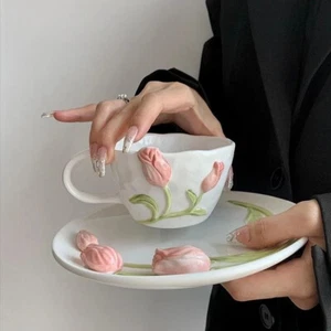 Beautiful Floral Handcrafted Coffee Mug Tea Cup Saucer Set - Vtg Mothers Gift - Picture 1 of 13