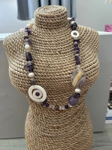 East - Boho Statement Necklace Amethyst & Freshwater Pearls - Picture 1 of 5