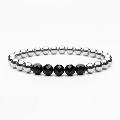 Bracciale Acciaio inox Sfere argento 6mm + Perle Nero braccialetto da Uomo Donna - Immagine 1 di 4