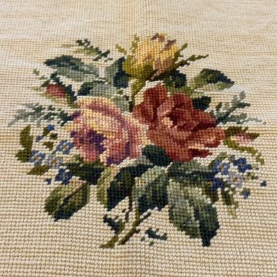 Needlepoint Floral Completed Canvas For Chair Seat Vintage Roses Leafs - Image 1 of 3