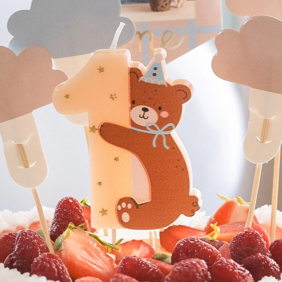 PARTYDECO Teddy Bear Birthday Candle No. 1 | 1st Birthday Cake Decoration