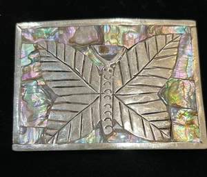Vintage Abalone Inlay Belt Buckle With Silver Butterfly Center Silver Tone - Picture 1 of 6