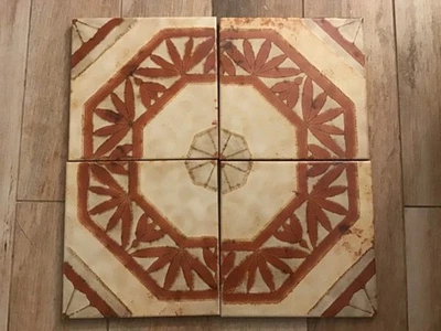 4 pieces of Vintage Ceramic Patterned Beige Rust Floor Tile Made in Italy - Image 1 of 4