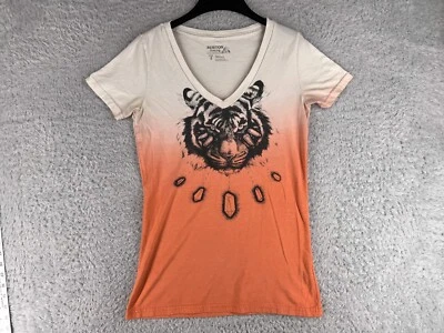 Camisa Burton Mujer Pequeña Beige Naranja Desvanecido Tigre de Bengala Cuello en V Hecha en EE. UU. Foto 1 de 4