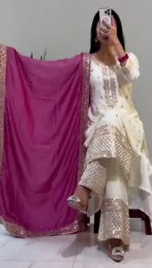 Latest Party Wear White Chinon Silk Salwar Kameez With Dupatta For Women - Picture 1 of 13