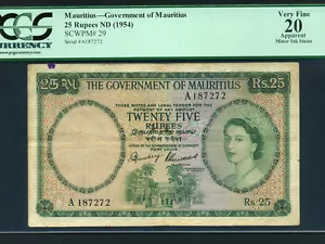 Mauritius:P-29,25 Rupees,1954 * Queen Elizabeth II * PCGS VF 20 * - Picture 1 of 2