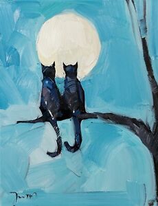 JOSE TRUJILLO Oil Painting IMPRESSIONISM Collectible Cats Moon Light Night NR
