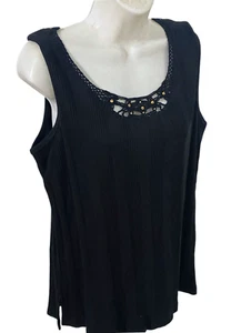 Carolyn Taylor Womens Crochet Lace Trim Scoop Neck Black Sleeveless Tank Top 1X - Picture 1 of 10