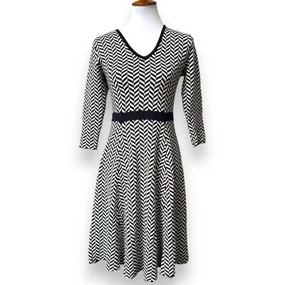 Boden Womens A-Line Sweater Dress Navy White Herringbone 3/4 Sleeve Pleated 6 - Image 1 of 4