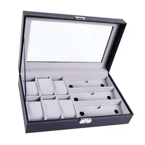 6 Slots Watch Organizer Box And 3 Slots Glasses Storage Case,Black Leather - Picture 1 of 9