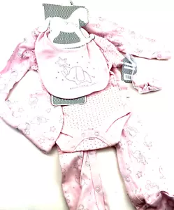 Baby Girl Outfit 5pc Set Size 3-6m Pink Bib Bodysuit Mittens Infants Children - Picture 1 of 8