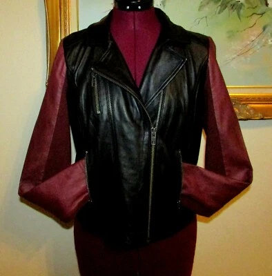 HALOGEN SIZE SMALL BLACK/BURGUNDY MOTO LEATHER JACKET WITH KNIT UNDER ARMS EUC - Image 1 of 4