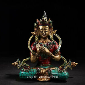 Copper Inlay Turquoise Coral Gem Padmapani Kwan-Yin goddess Statue 18cm