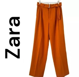 Pantaloni eleganti ZARA arancione bruciato marrone gamba larga con cintura M nuovi con etichette ~ M3020 - Foto 1 di 15