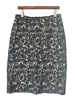 DAVID MEISTER Black Embroidered Lace Illusion Pencil Knee Length Skirt 10 JT01 - Image 1 of 4