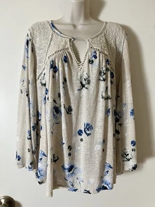 LUCKY BRAND Top SZ XL Peasant Lace Bodice Long Flare Sleeve Floral Cotton Blend - Picture 1 of 15