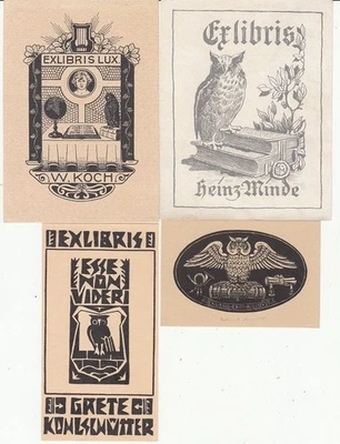 4 Exlibris Bookplate Konvolut Lot Eulen 7 Akt - Bild 1 von 2