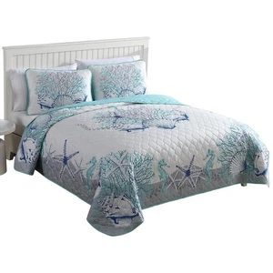 Aqua Beach Delight Quilt Set Full Queen Muscheln Seesterne Küste Bettwäsche - Bild 1 von 5
