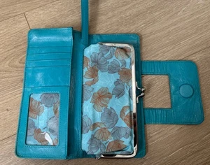 HOBO La Original Nancy Cartera Plegable Bloqueo de Beso Enmarcado Cuero Turquesa RARA - Imagen 1 de 8