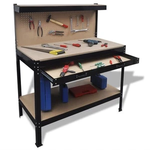 Workbench w/ Pegboard and Drawer Steel Table Garage Workshop Storage vidaXL - Picture 1 of 5