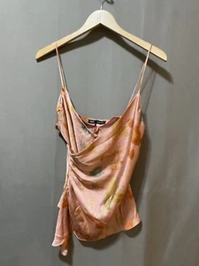 NWOT ZARA Women Spaghetti Strap Asymmetric Ruched Satin Top Size M Pink Floral - Picture 1 of 13