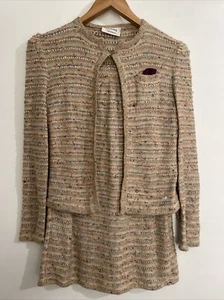 St. John Dress Suit Skirt Set Top Women's Small Beige Knit Mottled - Picture 1 of 6