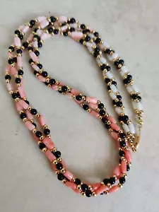 Vintage Genuine Corals & Black Onyx Twisted Rope Necklace Fabulous 80s - Picture 1 of 19