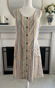 Boho Sleeveless Shift Dress Sz 16 Large Cotton Striped Pockets Buttons - Picture 1 of 9