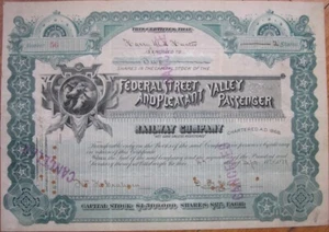 Carro con certificado de stock Federal Street, Pleasant Valley Passenger Railway 1884 - Imagen 1 de 1