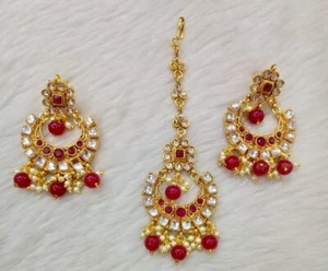 Indian Bollywood Polki Earrings with Maang Tikka Jhumka Bridal Jewelry US seller - Picture 1 of 1