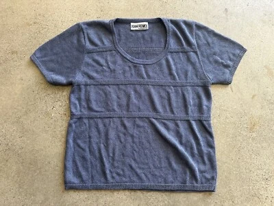 Vintage San Remo by Laura Knits Blue Acrylic Frise Striped Textured Top Size S - Image 1 of 4