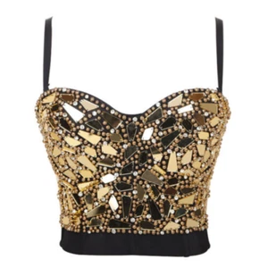 Corset Bustier Crop Top Sequin Beads Glass Padded Push Up Bralette Bra Camisole - Picture 1 of 28